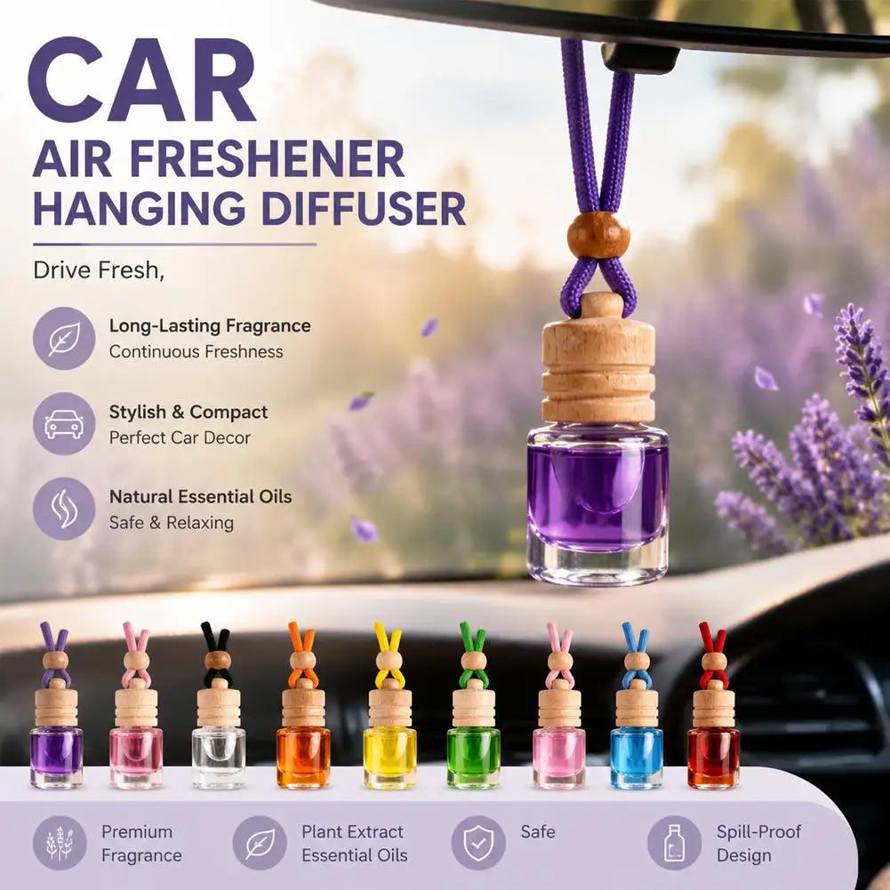 Hanging Car Air Freshener Refillable Glass Bottle Wooden Cap Essential Oil Diffuser Pendant Long Lasting Auto Perfume Ornament
