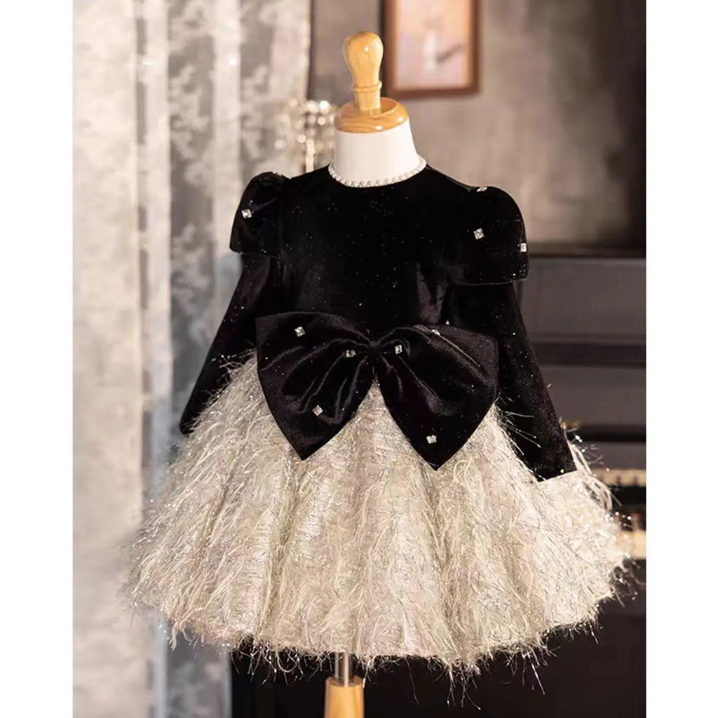 Dreamy Vow J724 Glamorous Girl Dress Long Sleeved Feather Bowed for Kids Holiday Birthday Party Princess Knee Length Ball Gown