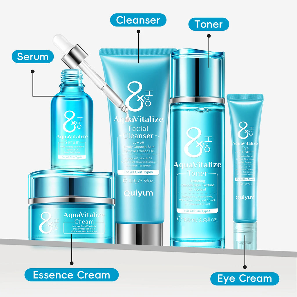 Quiyum 8X H2O AquaVitalize 5-Pcs Skincare Set Hydrating Daily Facial Care Kit Cleanser Toner Serum Eye Cream for All Skin