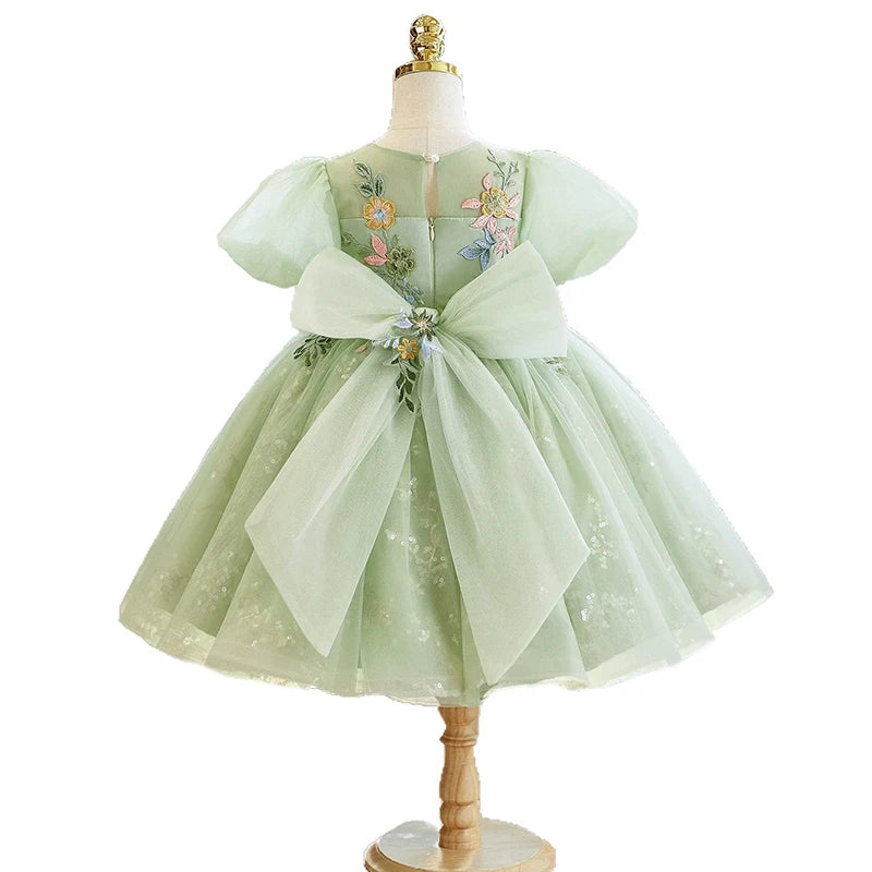 2026 Girls' Sage Light Green Tulle Knee-length Party Dress Floral Embroidered Lace Birthday Princess Ball Gown for 1-14Yr Girls