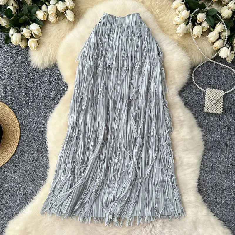New In 2026 Spring Summer Tassel Midi Long Skirt For Women Trendy High Waist Streetwear Casual Skirts