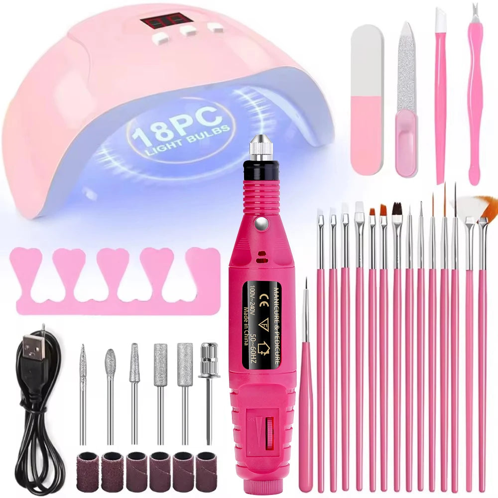 LINMANDA Kit profesional de taladro eléctrico USB para uñas con lima y pulidor, lámpara de uñas UV LED, secador de manicura en gel, kit de inicio de acrílico