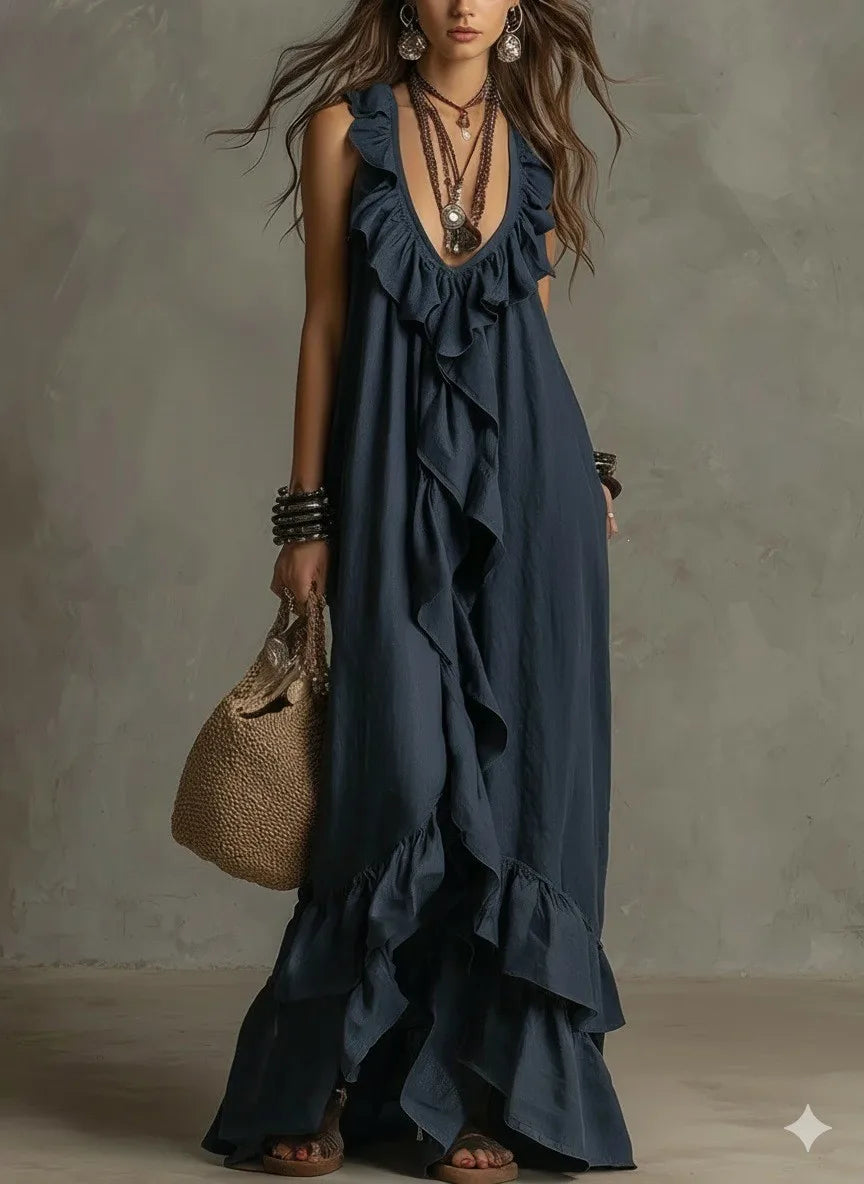 Summer Woman Dress Sleeveless Ruffle Neck Dresses Women's Pleated Maxi Dress V Neck Asymmetrical Hem Boho Dress Layered Ruffles