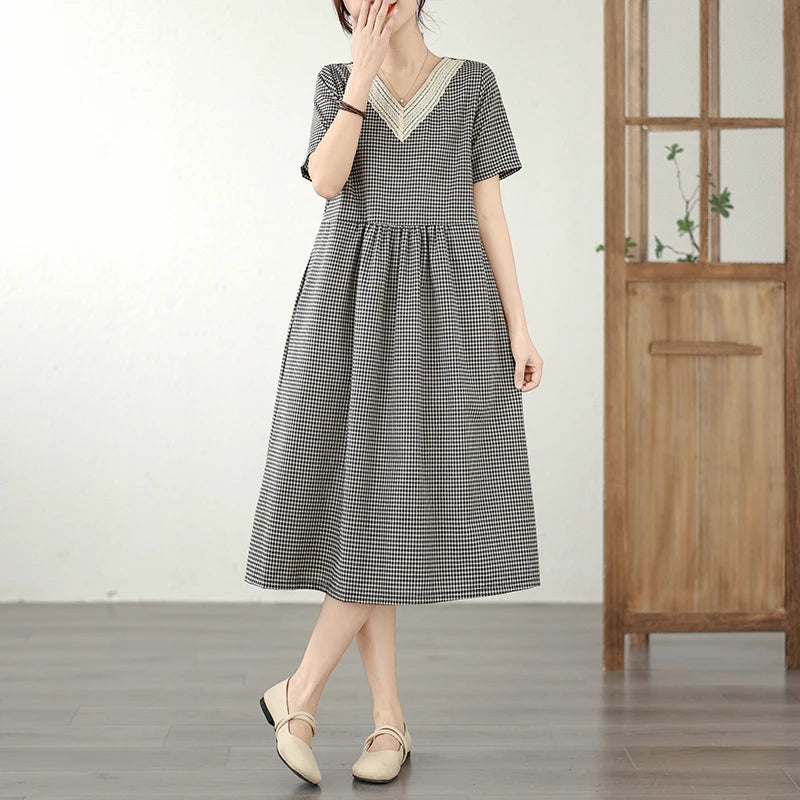 Retro Fashion Casual Plaid Dress Women Summer New V-neck Lace Splicing Loose Slimming Skirt over Knee Cotton Polyester Blend