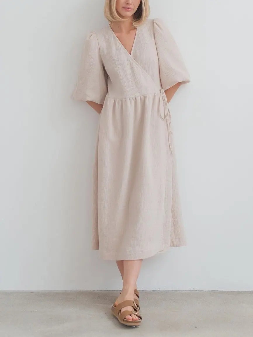 Long Dress Women Dresses Vestidos Lace Up V Neck Puff Sleeve Solid High Waist Female A Line Office Lady Summer 2025 Maxi Gown