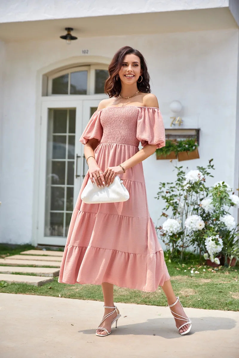 2026 Spring Summer Elegant Women's Long Dress Fashionable Solid Color Square Neck Puff Sleeve Pleated Slim Fit Loose Hem Dress