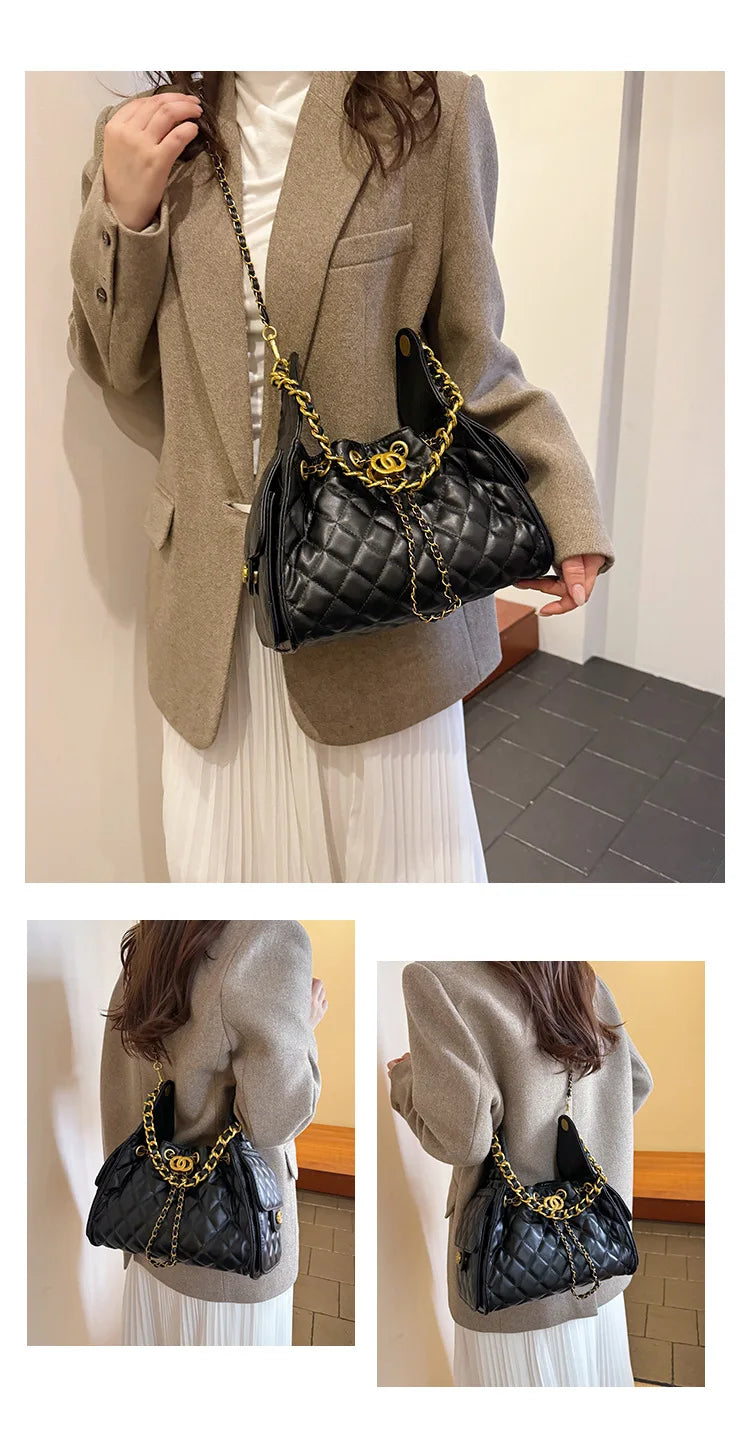 Quilted shoulder underarm bag, large-capacity hobo bag, bucket drawstring chain crossbody bag, women's handbag