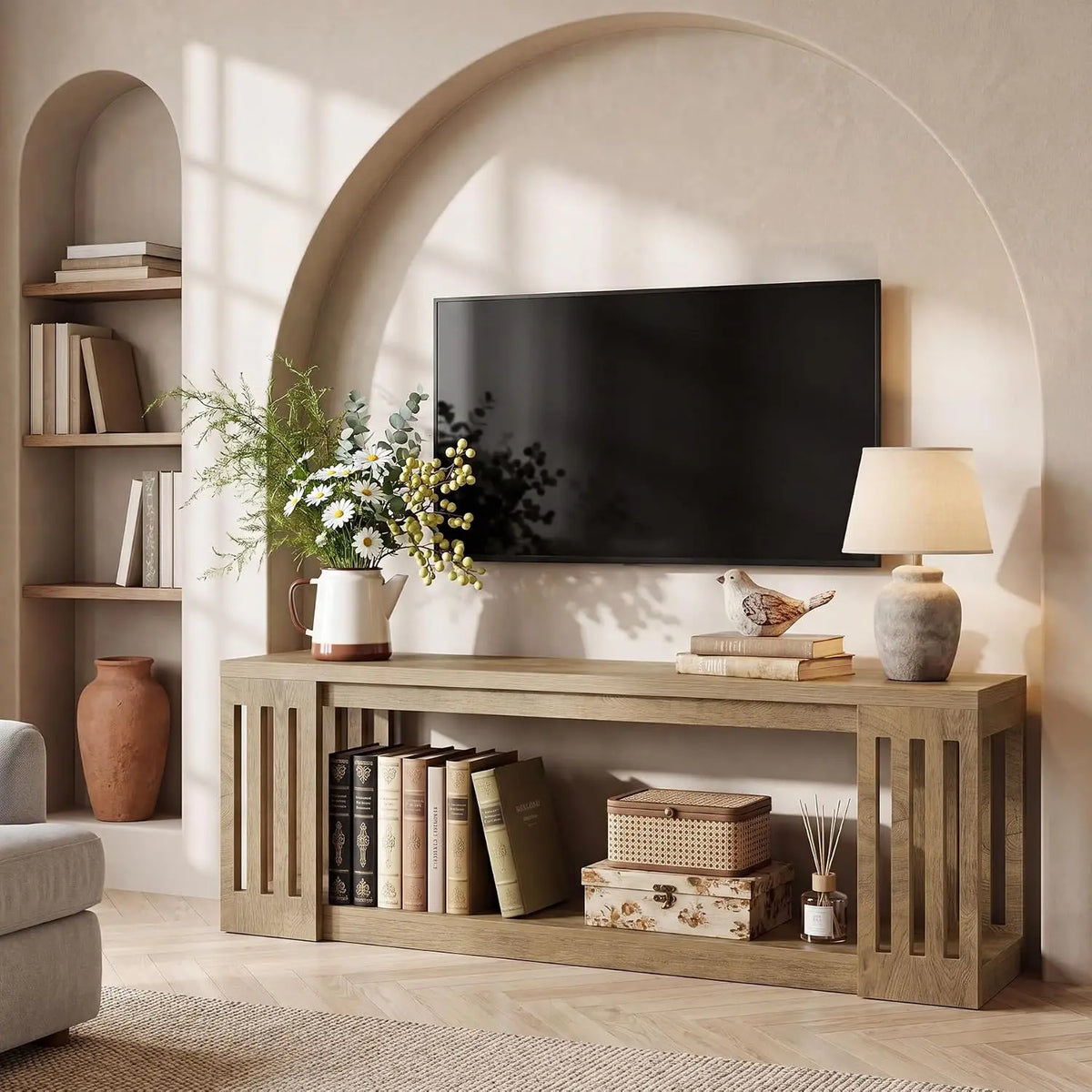 63-Inch TV Stand for 55/60/65/70-Inch TVs, Farmhouse Entertainment Center with 2-Tier Open Storage Shelves, Wooden Media Console