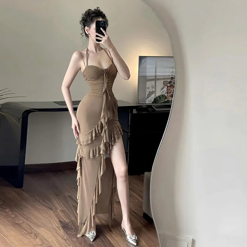 Fashionable Strapless Slim Fit Long Dress Sexy Trendy Girl High Waist Irregular Design Knitted Pure Color Spring New Arrival