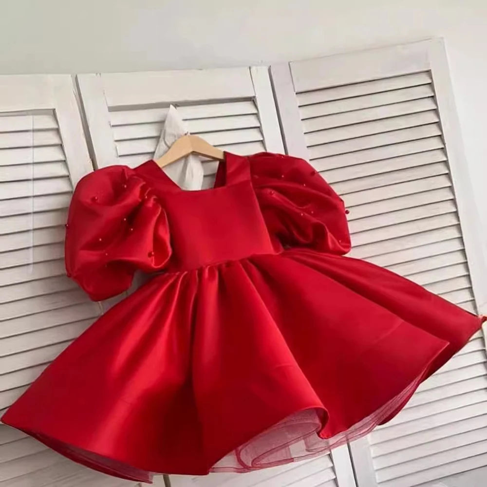 HETISO Fashion Baby Girl Dress Beading Puff Sleeve Children Satin Princess Dress For Vestido Pageant Kids Party Birthday Gown