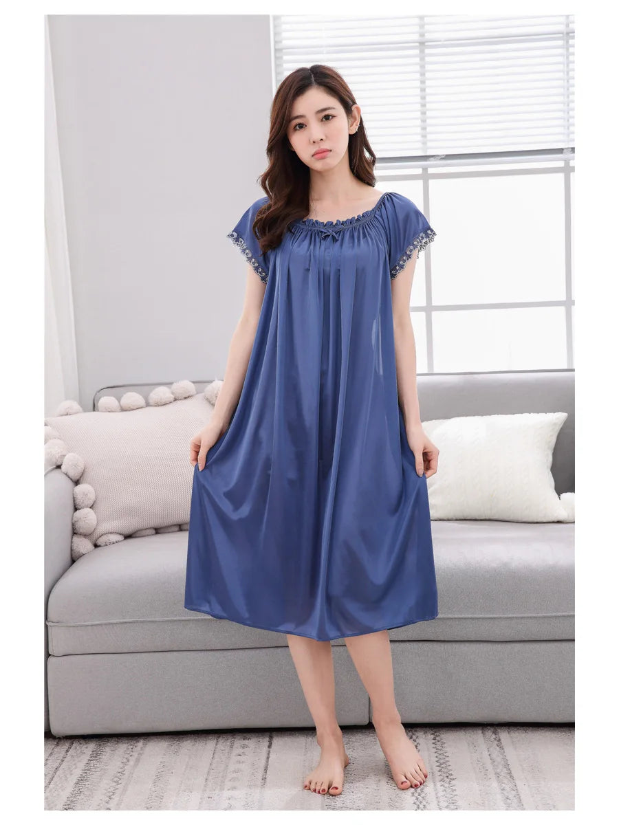 2026 New Women's Summer Imitation Silk Sleeping Skirt Multi Colored Short Sleeved Home Clothes Ice Silk Pajama Dress
