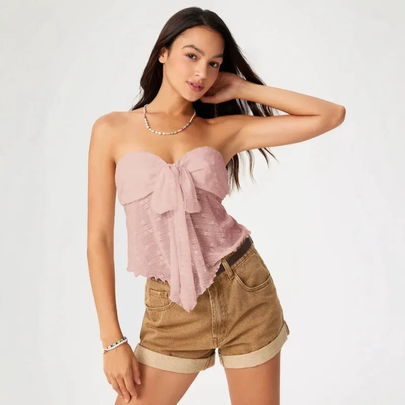 French Mesh Tube Top Women's Chest Bow Tie Tshirts Slim-fitting Spice Girl Sleeveless Shirt Cropped Tees Roupas Feminina