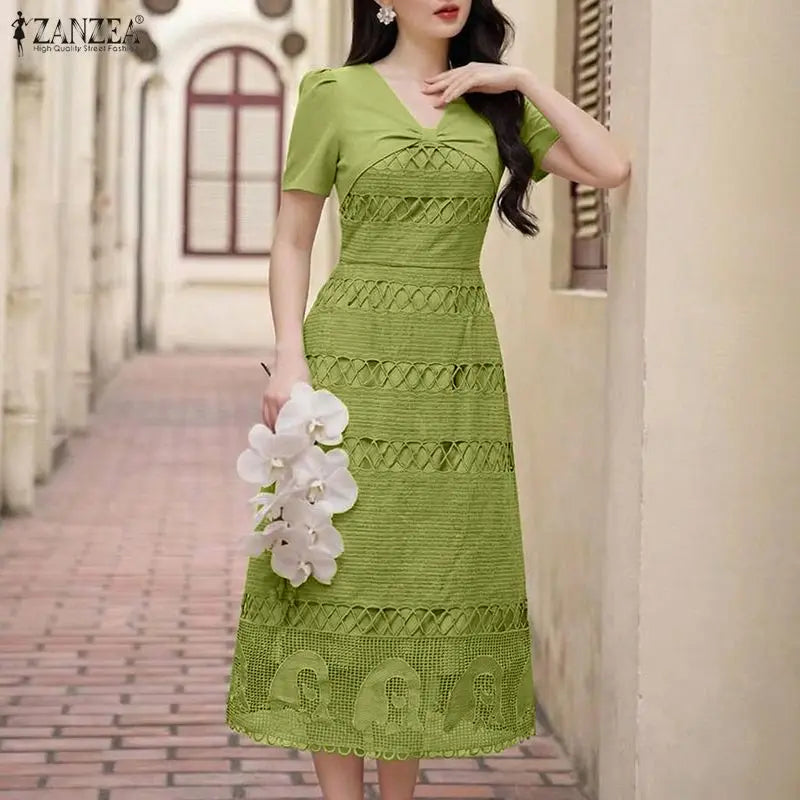 Stylish Women Lace Patchwork Dresses ZANZEA 2026 Summer Sundress Elegant V Neck Party Dress Short Sleeve Embroidered Work Robes