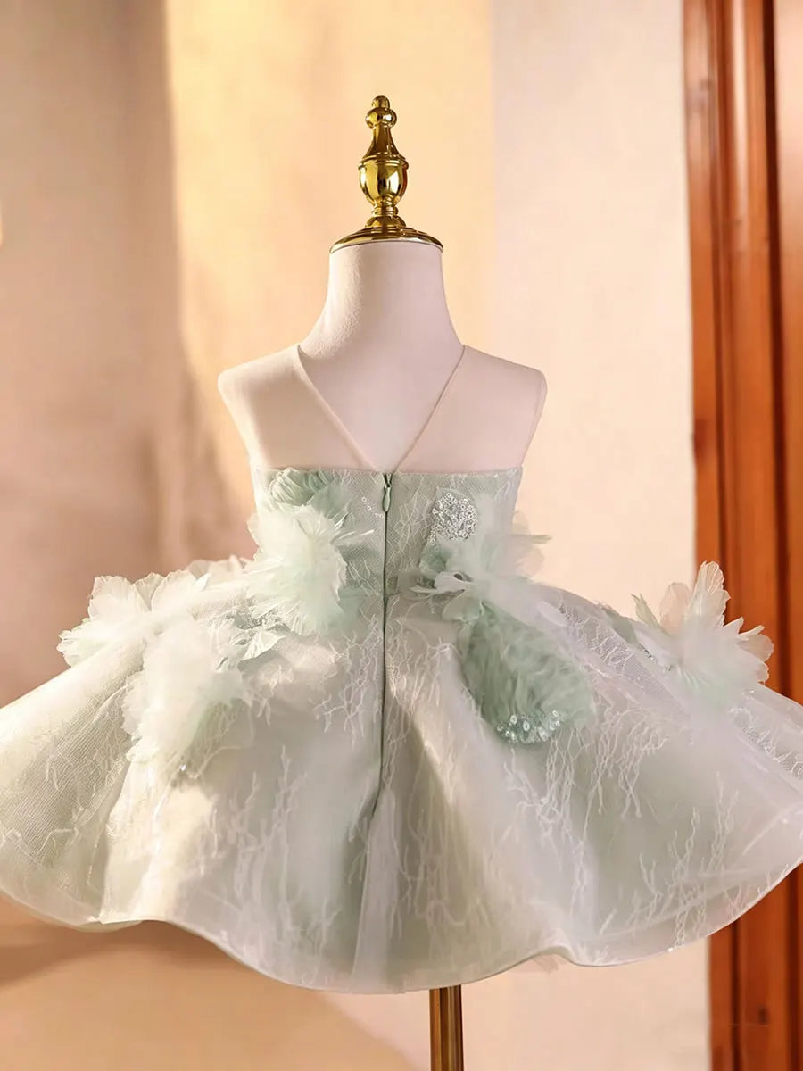 Dreamy Vow D259 Sage Green Flower Girl Dress 3D Floral Applique Kids Wedding Dress Puffy Tulle Princess Gown for Girls Birthday