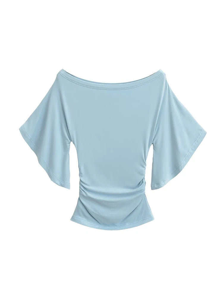 Women's Off-Shoulder T-Shirt - Bat Sleeve Ruched Slim Fit Top