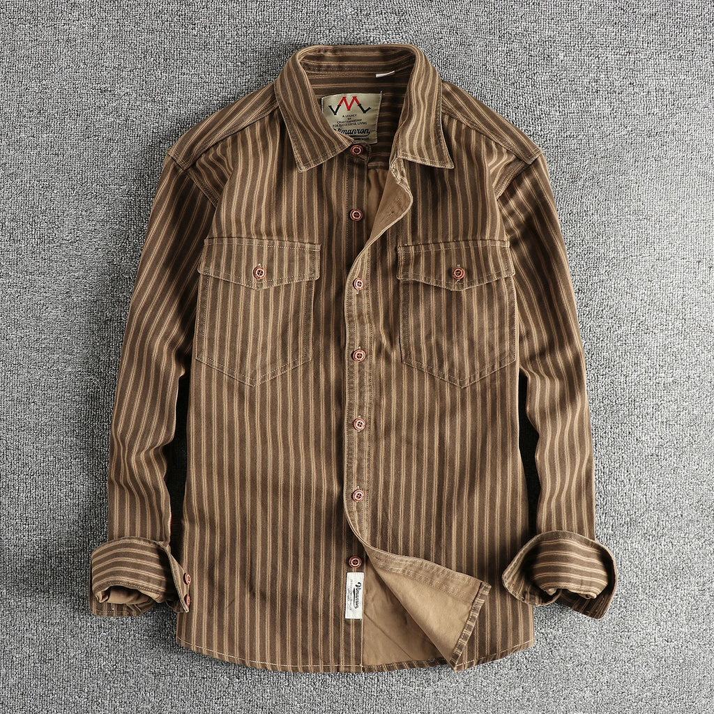 2025 Autumn And Winter New American Retro Stripe Long-Sleeve Lapel Shirt Men'S Fashion Washed Multi-Pocket Casual Blouses