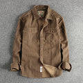 2025 Autumn And Winter New American Retro Stripe Long-Sleeve Lapel Shirt Men'S Fashion Washed Multi-Pocket Casual Blouses