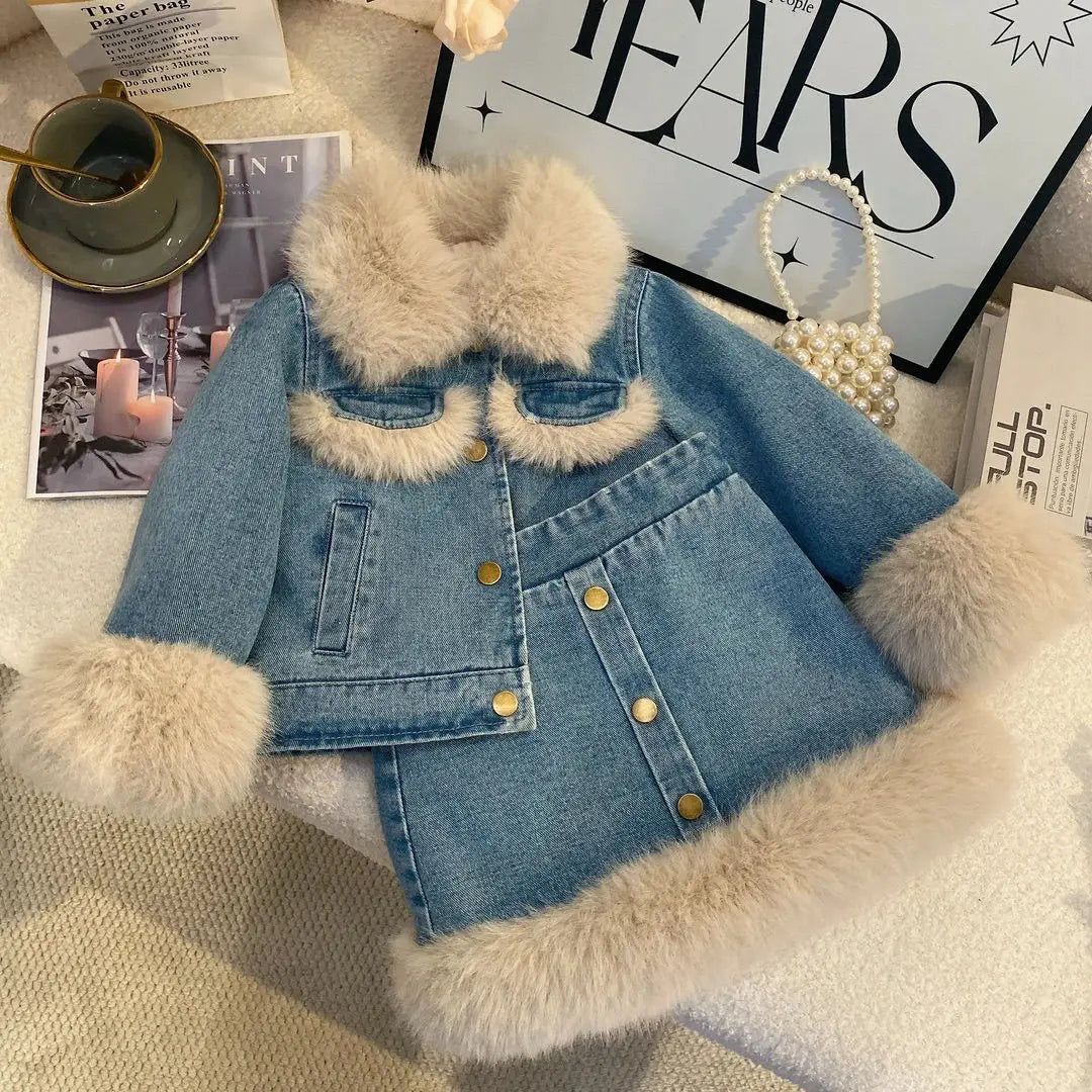 Girls Fleece-Lined Winter 2-Piece Set – Korean Style Denim Jacket & Skirt Outfit for Toddlers 2-6 Years baby girl outfit set