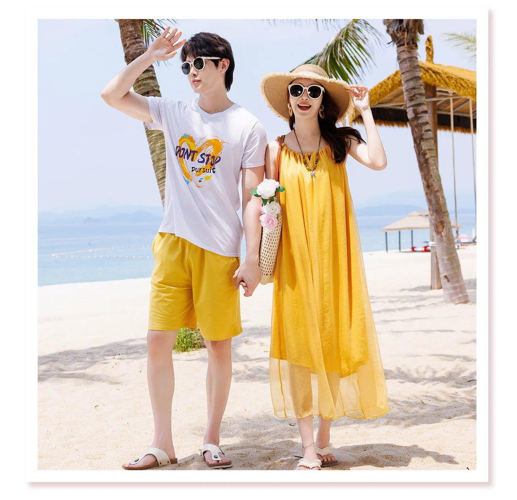 Vacation Family Matching Outfit Beach Mother‑Daughter Girls Yellow Maxi Dress Father‑Son Tops Shorts Sets Holiday Couple Clothes