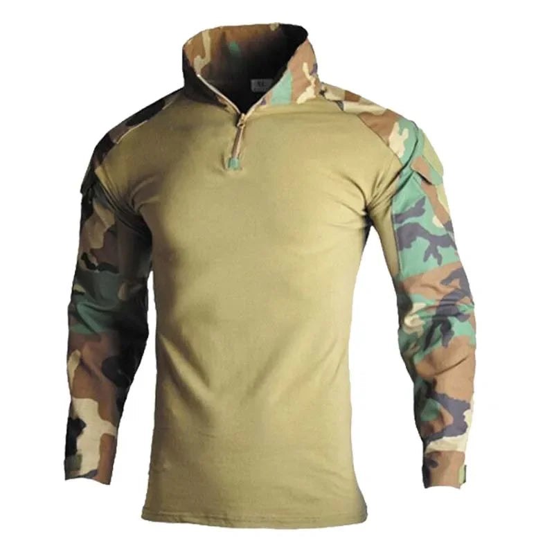 Outdoor Long Sleeve Tactical Shirts Combat Shirt 1/4 Zipper Ripstop Cotton Wear-Resisting Camo Airsoft T Shirts Men Clothing