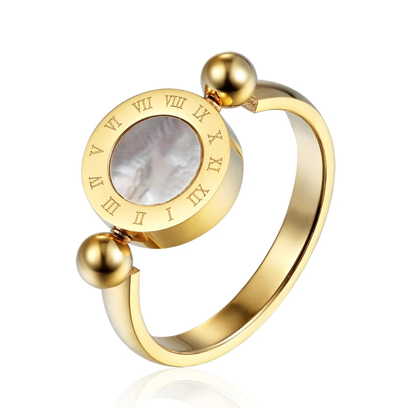 Rotating Enamel Shell Roman Numeral Ring Stainless Steel For Women Classic Design