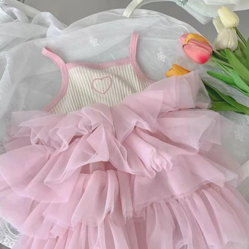 ZOETOPKID Summer Girl Princess Dress Stylish Baby Strap Vest Layered Dress Korean Puffy Mesh Skirt Toddler Kids Trendy Skirts