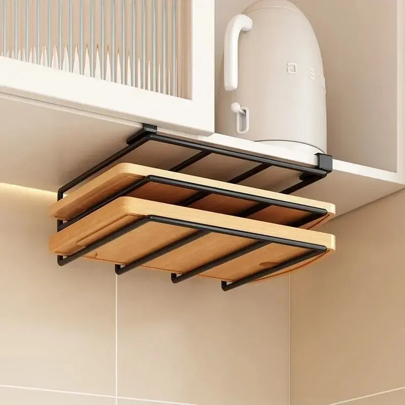 Organizador de cocina colgante con ganchos bajo el armario, soporte para toallas de papel y trapos, tabla de cortar, tapa de olla, estante de almacenamiento