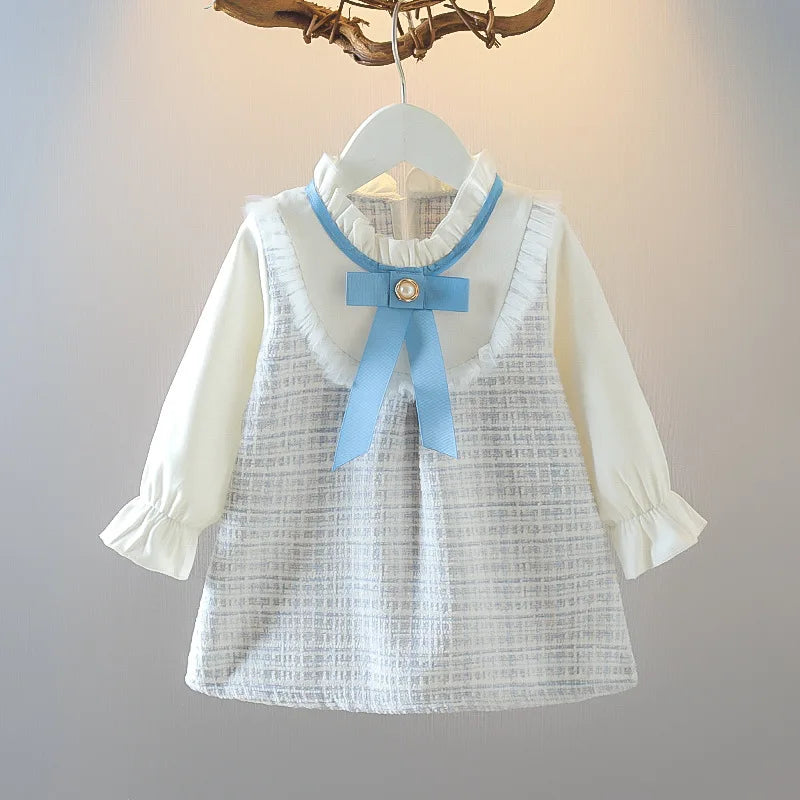 Vestidos de niña a cuadros, manga larga, lazo, adorable conjunto de princesa para niñas pequeñas