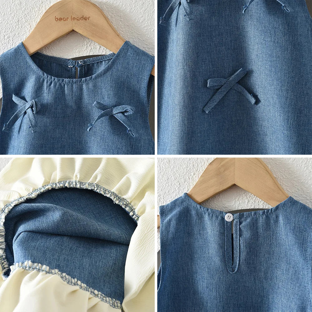 Blue Summer New Casual Girls' Clothes Round Neck Sleeveless Bow Lace Vest Princess Dress for Girls Aged 3-7 Korean Version