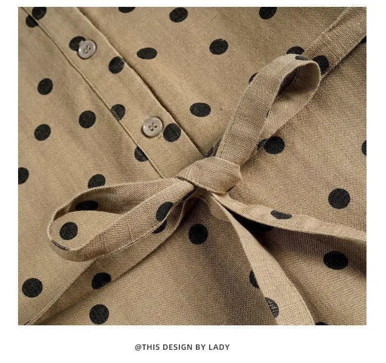 Cotton and Linen Dress French Polka Dot Print Fashion Long Skirt Summer New V-neck Casual Lace-up A-line Skirt