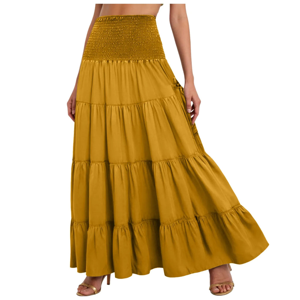 Boho Tiered A-Line Skirt Women Forest Fairy Pockets Patchwork Long Dress Elastic Waist Vintage Hippie Gypsy Maxi Skirt 스커트
