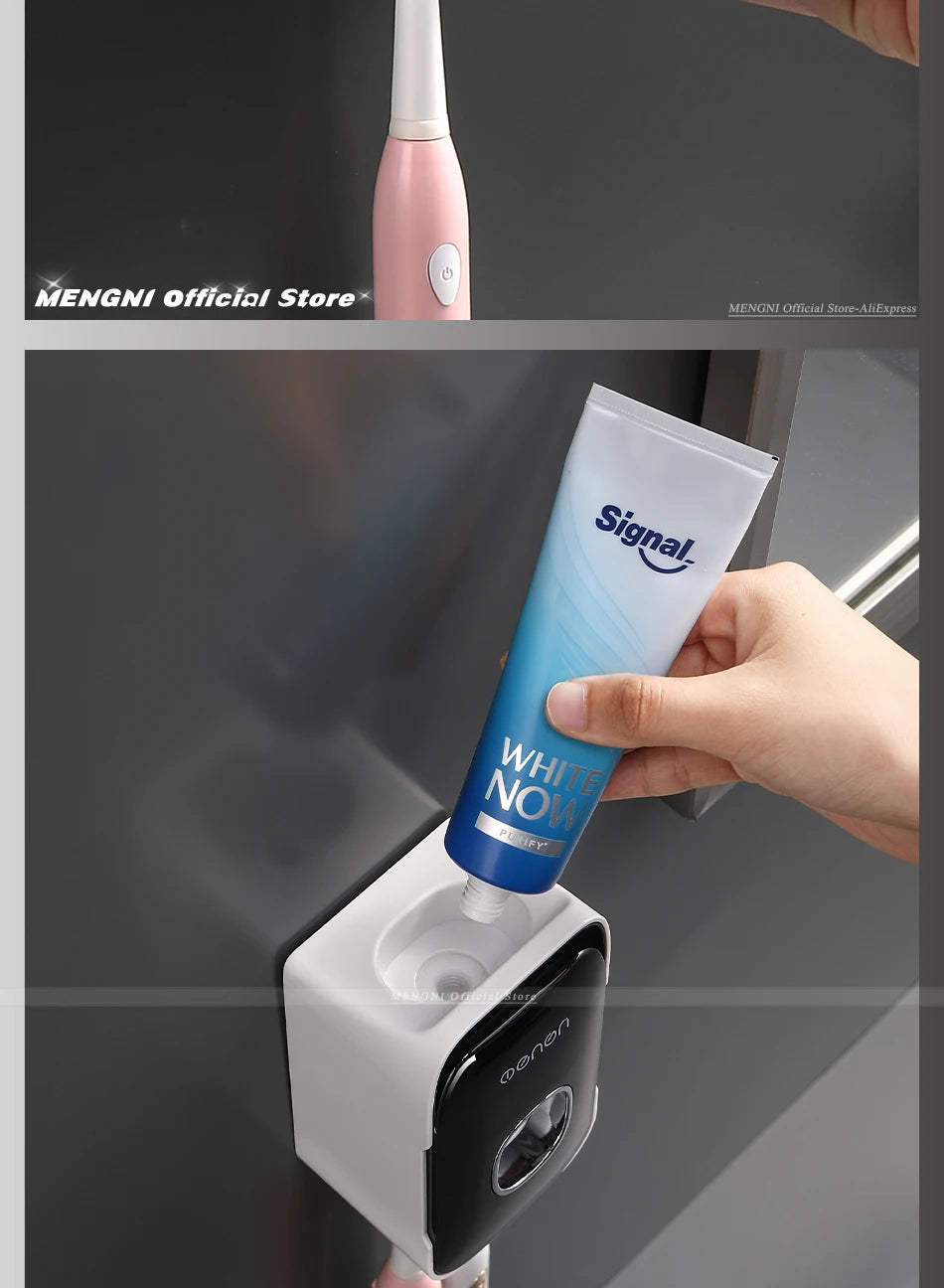 MENGNI Dispensador de pasta dental montado en la pared, exprimidor de pasta dental para baño sin perforaciones, soporte para cepillos de dientes, funcionamiento manual