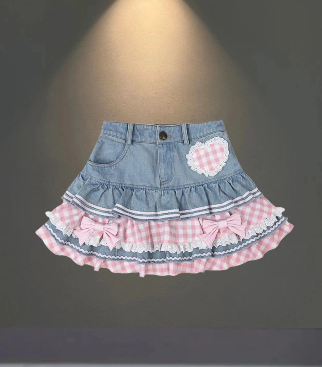Skirt Women's 2025 New Summer Pink High-grade Pleated Denim Skirt Women's Clothes Bow Sweet Style