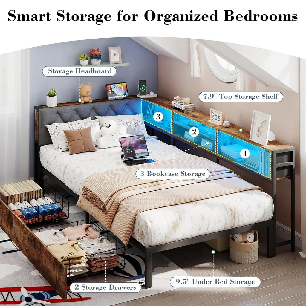 Twin Size Corner Bed Frame with Storage Bookcase and Headboard, Metal Platform Twin Bed with LED Lights and, Customized