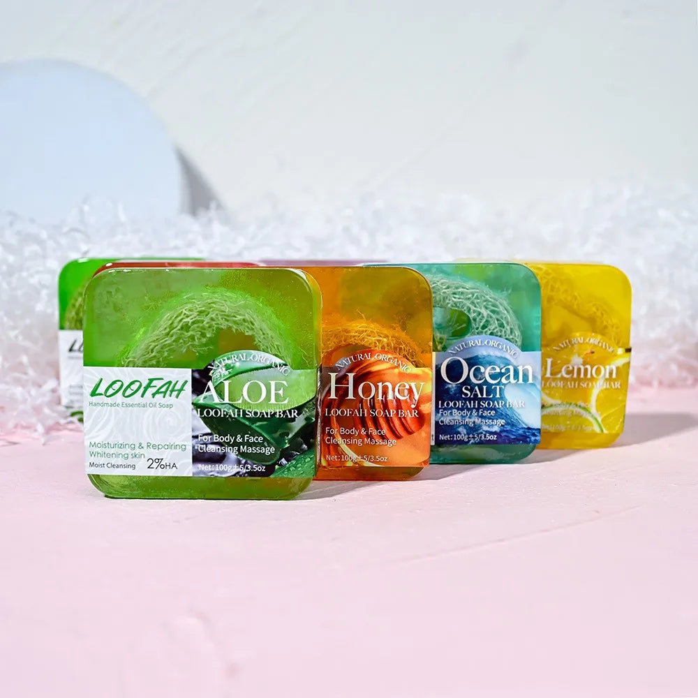 100g Organic Lavender Oil Loofah Soap Natural Lemon Whitening Face Body Wash Bar Loofah Soap