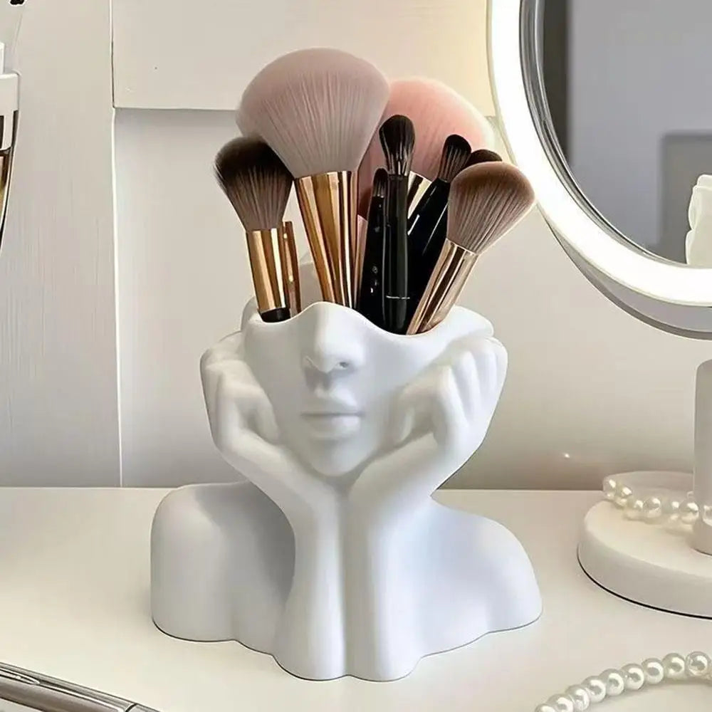 Makeup Brush Holder Human Face Art Desktop Decoration Vase Compatible with Eyebrow Pencils Home Organizer Plastic Material
