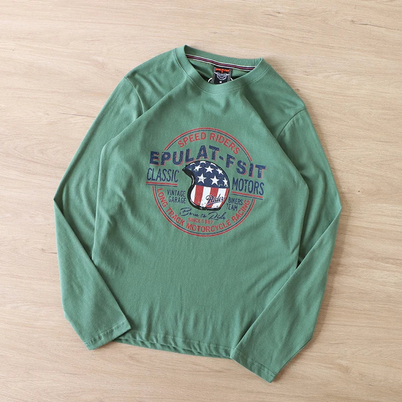 2025 Autumn New American Retro Long Sleeve O-Neck Letter Printed T-Shirt Men'S Fashion 100% Cotton Washed Casual Youth Tops