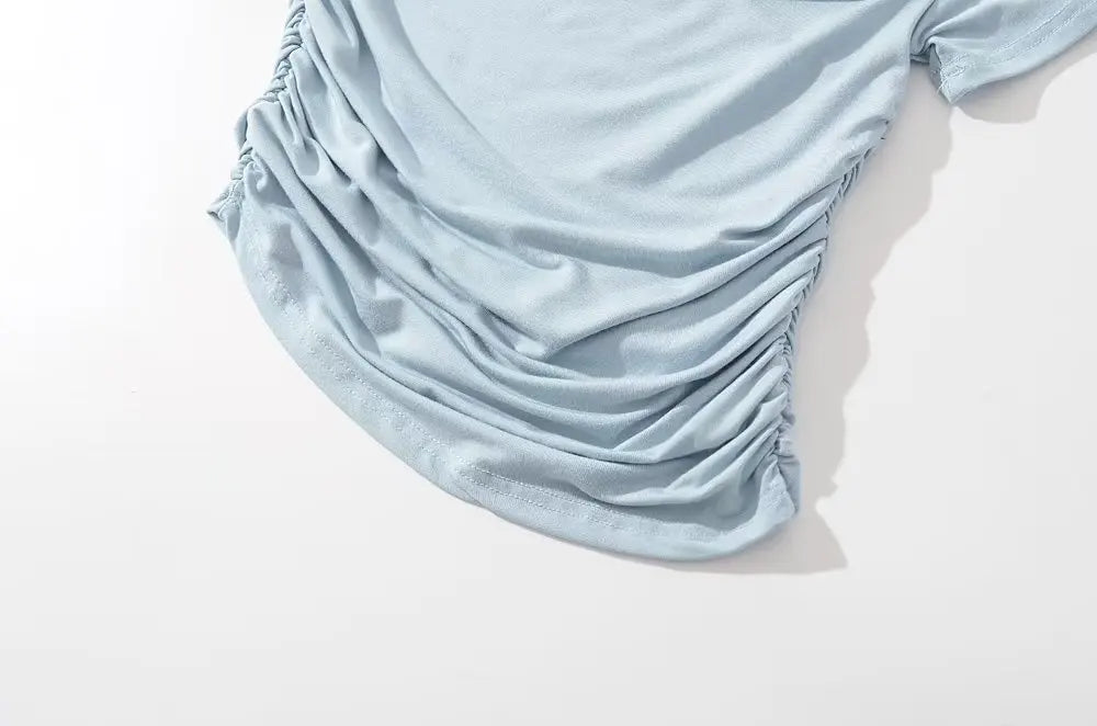 Sexy Spicy Girl Short Sleeve Slim Fit Pleated One Shoulder Base Shirt Street Snap Popular Thinming Street Snap Top for Summer