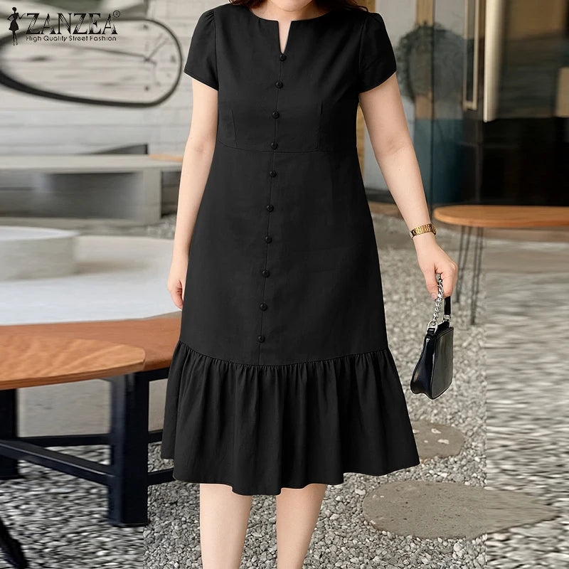 Stylish Summer Dress 2025 ZANZEA Women Elegant V-Neck Midi Dresses Office Work Sundress Short Sleeve Solid Buttons Vestidos Robe