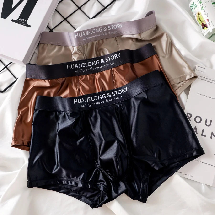 3Pcs/Pack Luxury Ice Silk Satin-like Boxer Briefs Summer Smooth Cool Solid Men's Underpants Summer Underwear