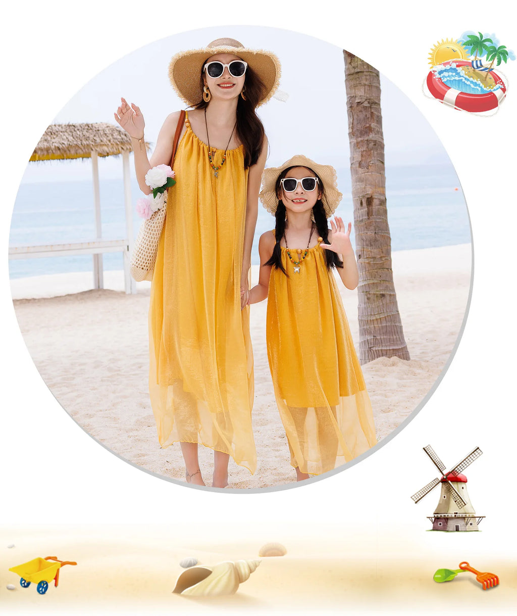 Vacation Family Matching Outfit Beach Mother‑Daughter Girls Yellow Maxi Dress Father‑Son Tops Shorts Sets Holiday Couple Clothes