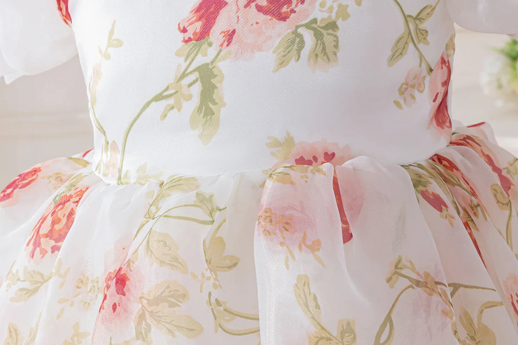 HETISO Girls Floral Chiffon Dress Korean Style Casual Birthday Gown White One-piece Summer Dress for Kids 2-10 Years