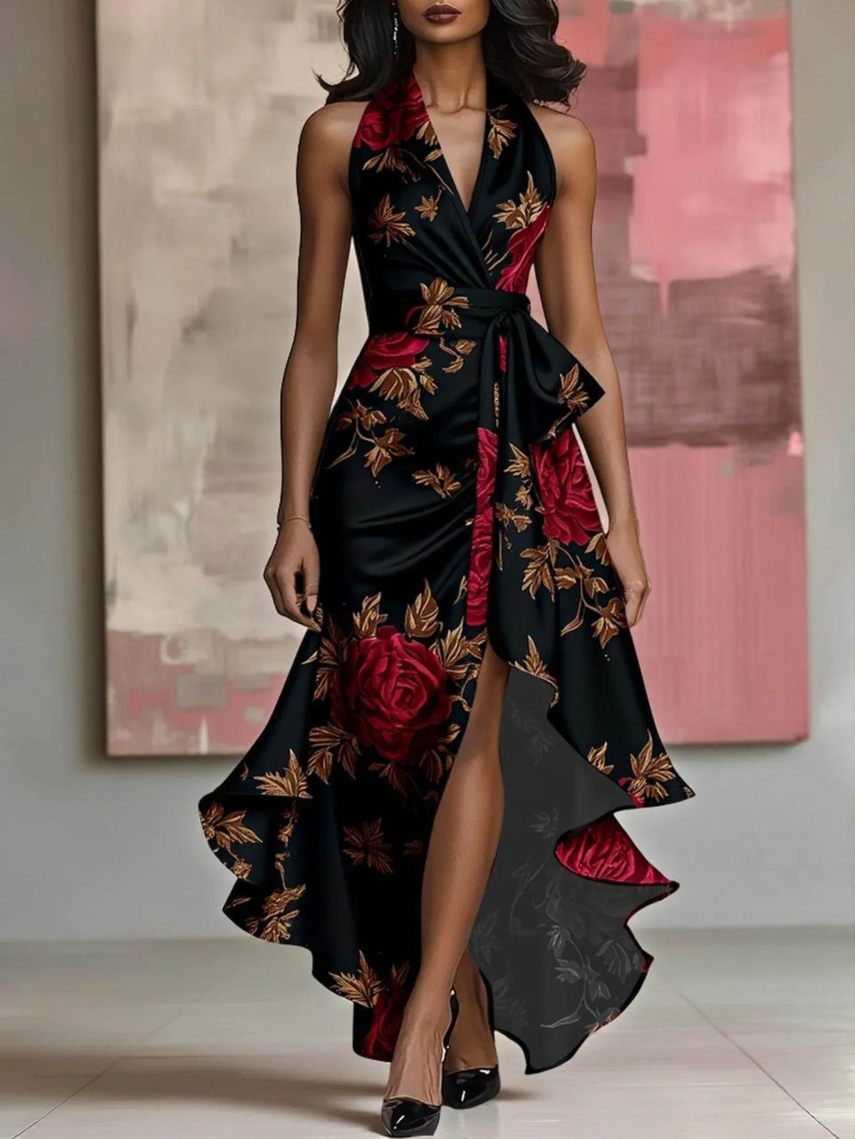 Women's Halter V Neck Sleeveless Maxi Dress Floral Print Wrap Design High Low Split Ruffle Hem Slim Ladies Dress