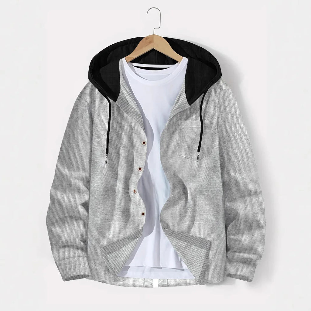 Spring And Autumn New Waffle Men'S Casual Slim-Fit Hooded Long-Sleeved Cardigan Matching Color Fashion High Quality Tracksuit Pa