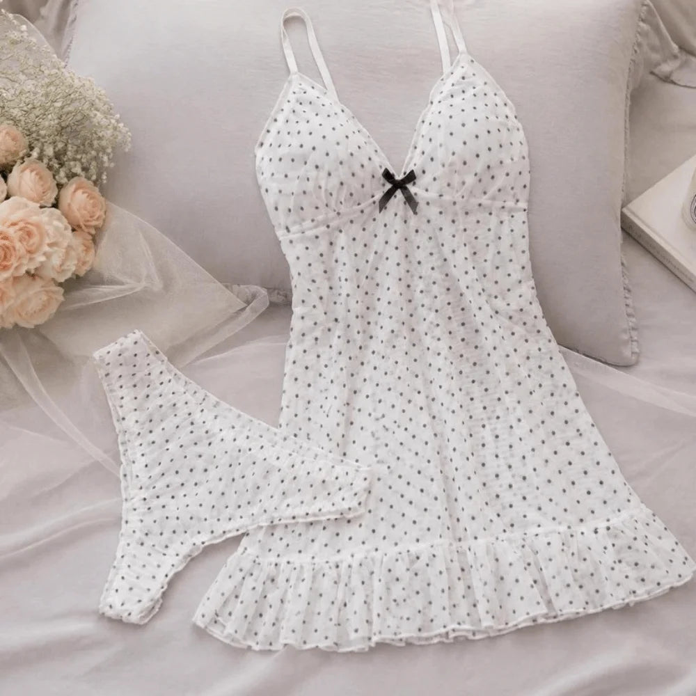 Home Wear Polka Dot Sweet Nightdress Transparent Mesh Sheer Nightwear Skirt Ruffle Hem V Neck Sleeveless Nightgown Women