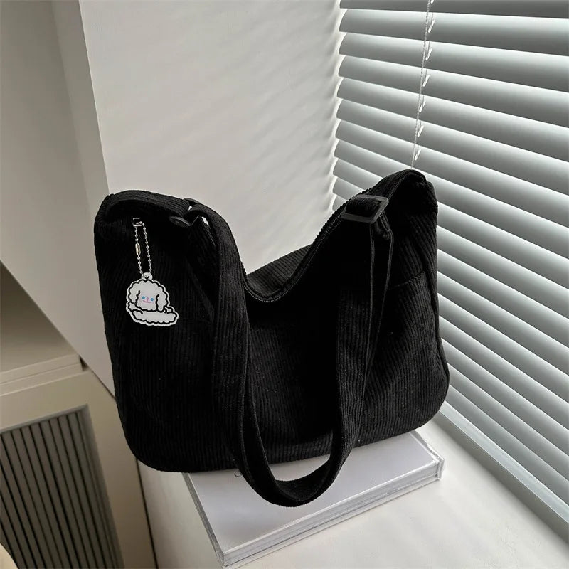 Women’s Corduroy Shoulder Bag, Casual Striped Large Capacity Tote with Zipper Closure, Cute Hat Patch, Perfect for Everyday Use