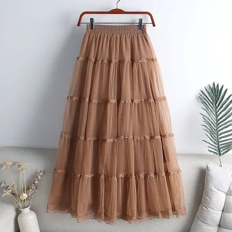Sweet Lace A-Line Half Skirt Women's Spring Summer New Style Elastic Waist Slimming Cake Skirt High Waist Polyester Fiber