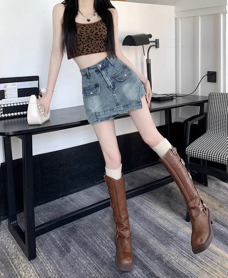 Retro Spicy Girl Uneven Denim Mini Skirt High Waist Slim Fit Women's Summer New Style Short Skirt Bodycon Skirt New Style