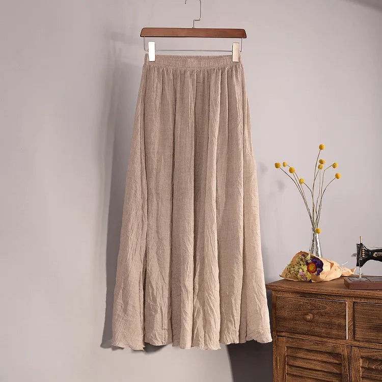 2025 Summer Women All-match Long Skirt Mid-calf Casual Linen Elastic Waistband One Size Expansion Hemline Lined Female Skirts