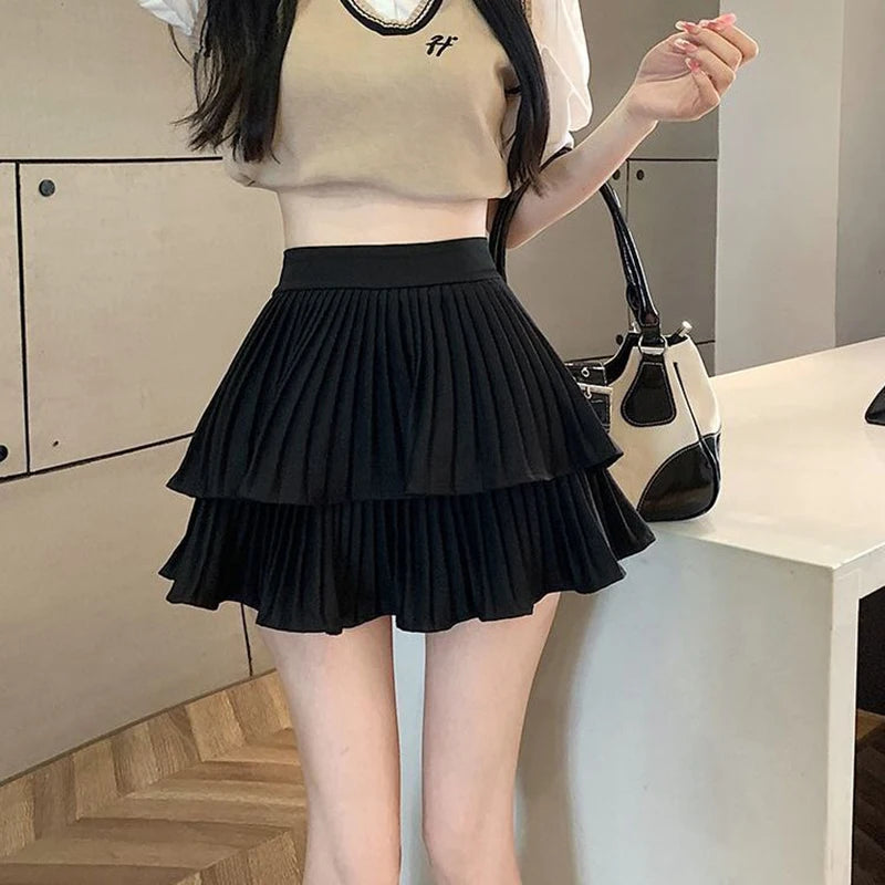 Ruffled Cake Skirts for Women High-waisted A-line Solid All-match Sweet Lovely Girls Korean Style Gentle Spring Kawaii Casual
